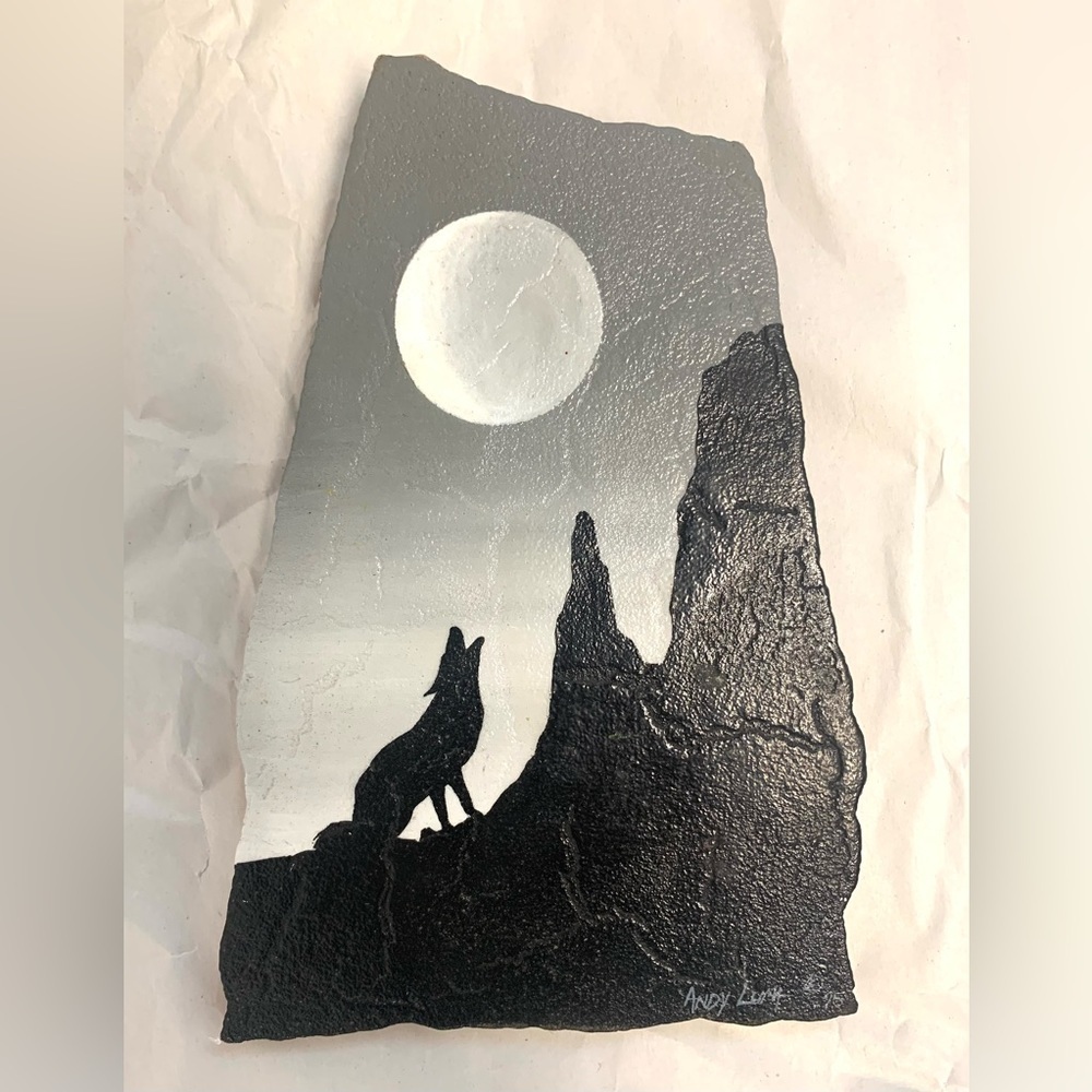 Moonlit Wolf Silhouette Art on Slate by Artist Andy Luna, Original Signed